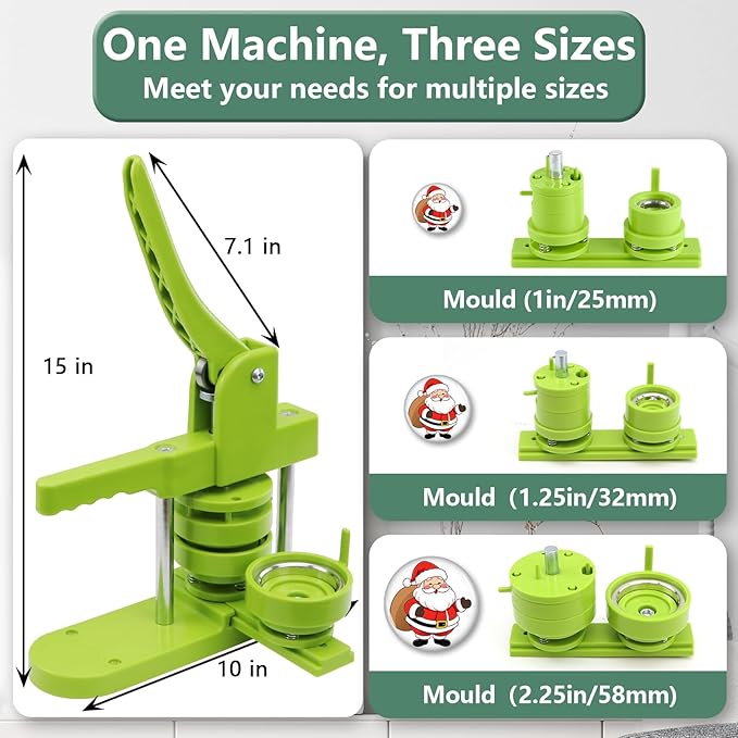 Button Maker Machine Multiple Sizes 1+1.25+2.25in, Button Pin Maker Kit for DIY Gifts, Badge Press Machine with Free 300PCS 25+32+58mm Badge Making Iron Supplies & 3Circle Cutter