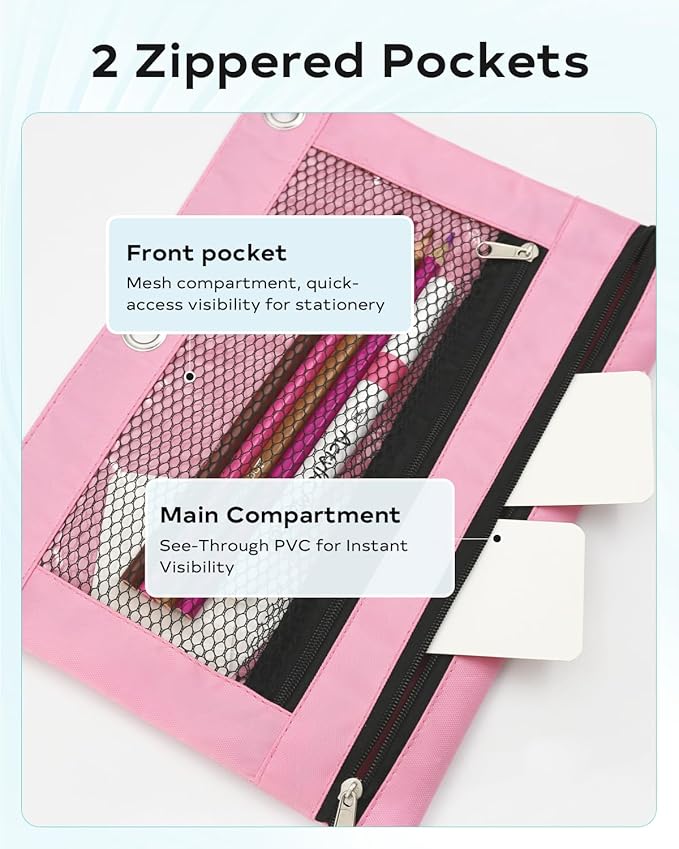 Pink Pencil Pouch for 3 Ring Binder - Zipper Pencil Case Bag Holder Bulk Accessories, Small Clear Window Aesthetic Organizer Pockets 3 Hole School Essentials