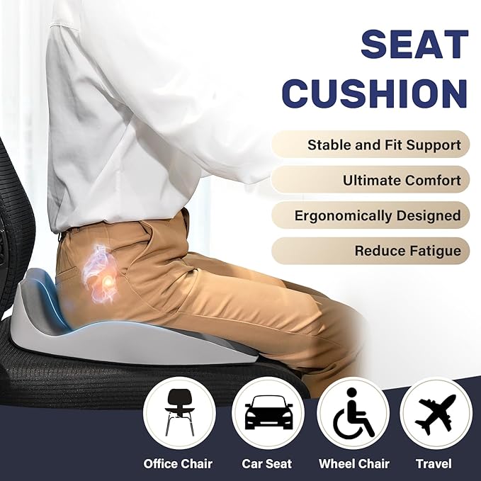 Coverado Car Seat Cushion for Car Seat Driver/Passenger, Memory Foam Seat Cushions for Office Chairs, Tailbone Pain Relief Cushion, Sciatica & Back Support Black&Gray