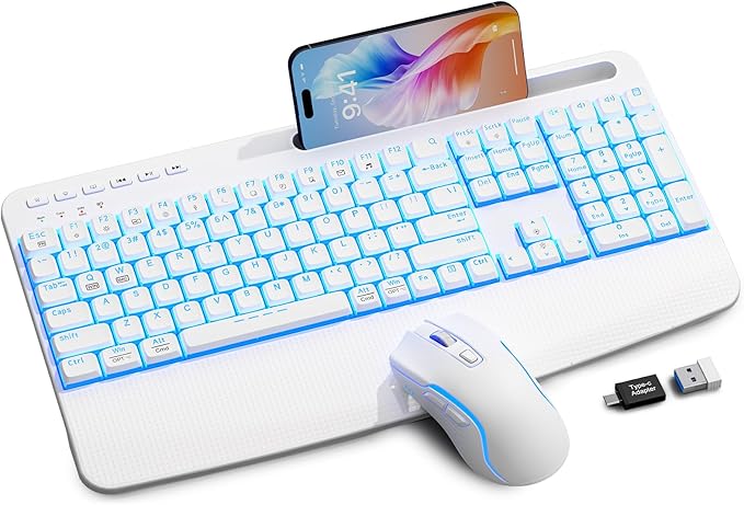 White Keyboard and Mouse Wireless Combo, 4000mAh Rechargeable Backlit Quiet Keyboards mice set, USB Ergonomic Key Board with Wrist Rest & Phone Holder for PC, Mac, Windows, Natural Soft Typing—SABLUTE