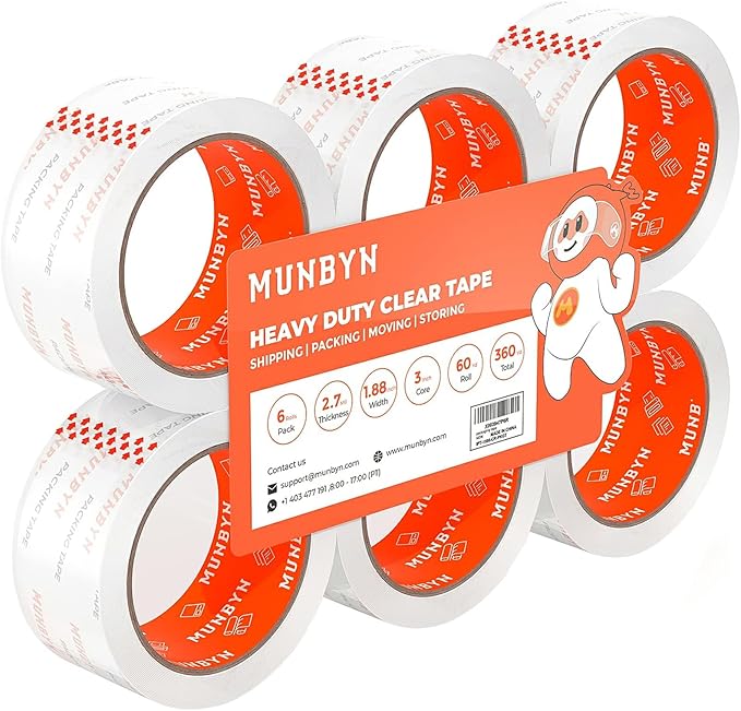 MUNBYN Heavy Duty Shipping Packing Clear Tape Refill for Dispenser with Total 360 Yards, 2.7mil, 1.88 inches *60 Yard(Per Rolls) Great for Shipping Packing Moving Mailing Office Storage