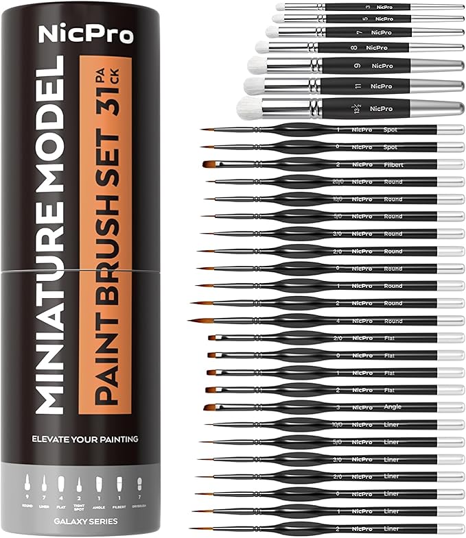Nicpro Miniature Paint Brushes Drybrush - 31PCS Model Paint Brush Set for Acrylic Oil Watercolor, Detail Paint Brush Dry Brush for Model, Miniature Painting, Paint by Numbers, Craft - with Container