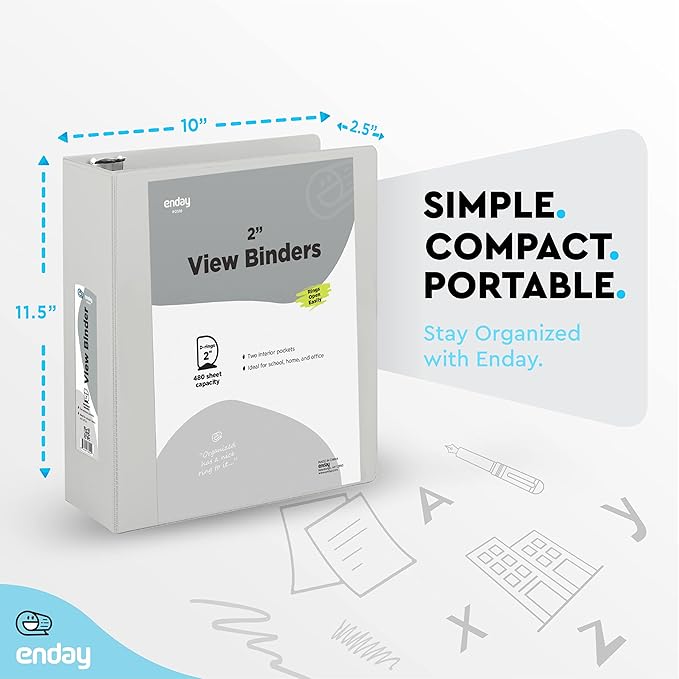 2 Inch 3 Ring Binder 2” Grey, Slant D-Ring 2 in Binder Clear View Cover with 2 Inside Pockets, Heavy Duty Colored School Supplies Office and Home Binders – by Enday