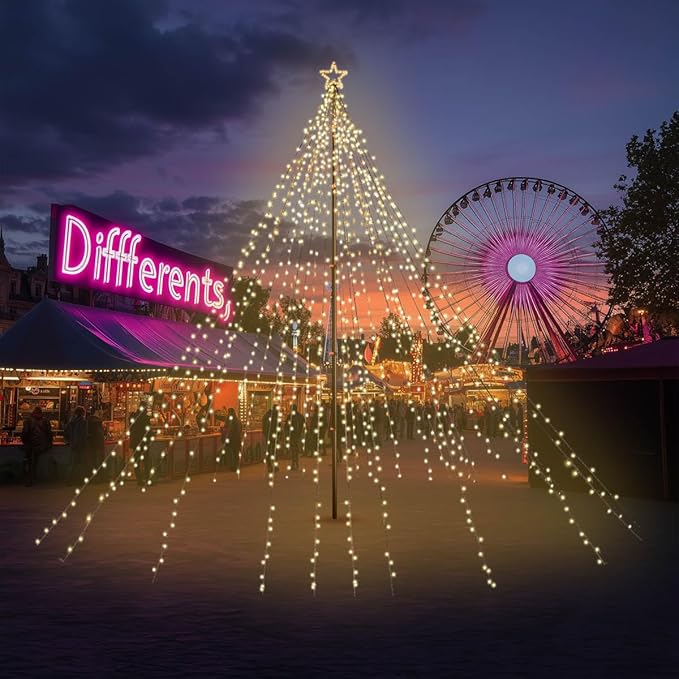 Yescom 4840 LED 20Ft Flag Pole Christmas Tree Light Kit 120V Giant-Sized Outdoor Decoration Event with Star Top 28 String Telescopic for Holiday Display Yard Commercial Carnival Lighting in Park