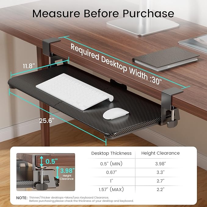 Large Keyboard Tray Under Desk Slide Out with Extra Sturdy C Clamp Mount System,26'' (30'' including Clamps) x11 Slide-Out Keyboard Drawer Under Desk for Typing,Keyboard Mouse Tray,Black