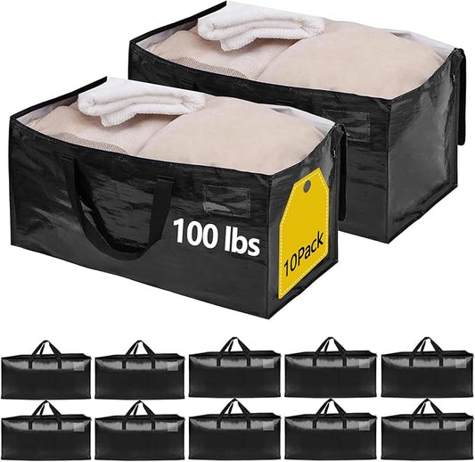 10 Pack Waterproof Moving Bags with Strong Zippers and Reinforced Handles, Real 100lb Capacity Extra Heavy Duty Large Storage Totes for Packing & Moving Storing, Alternative to Moving Boxes -95L,Black