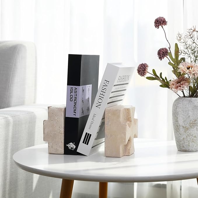 Natural Marble Square Book Ends, Heavy Duty Bookends for Shelves, Non-Skid Stone Book Holders, Unique Modern Aesthetic Office Bookshelf Decor for Books/CDs(Travertino Turkey)