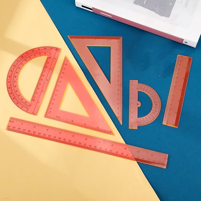 Tenare 6 Pcs Plastic Ruler Math Set Includes 12 Inch 6 Inch Straight Protractor Triangle Geometry Transparent Math Ruler Measuring Tools for School Office Home (Orange)