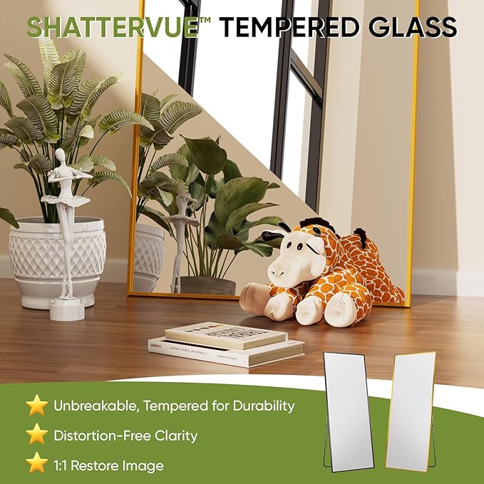 Full-Length Floor Mirror with Stand, 58"x21" Arched Style Full Body Standing Mirror for Bedroom, Living Room, Gym, Dorm - Shatter-Resistant & Easy Assembly, Gold