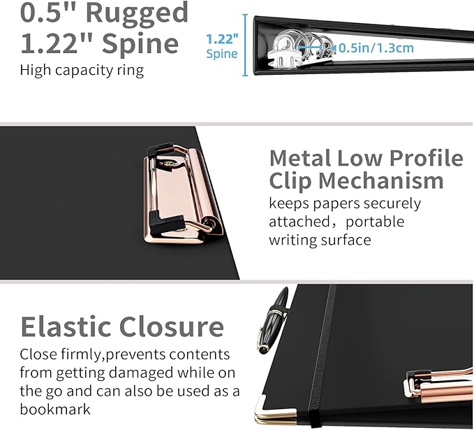 Ospelelf 3 Ring Binder, 1/2 Inch, Cute Letter Size (11" x 8.5") with 5 Tab Dividers, File Folder Labels and Low Profile Clipboards, Black for School and Office