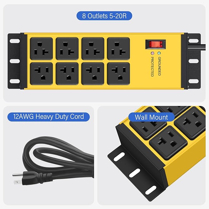 CCCEI Magnetic Heavy Duty Power Strip Surge Protector 20Amp, 12 Gauge High Amp Extension Outlets, Garage Wall Mount 8 Plug Metal Power Strip. 10FT, Yellow, 5-15P Adapter 6-20R T-Slot 20a for Appliance