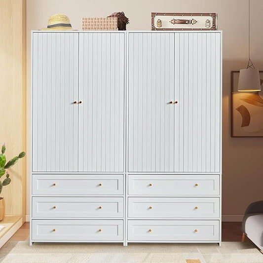 Wardrobe Armoire Wooden Closet with 2 Doors,71" Closet Armoire Set of 2,3 Drawers Household Freestanding Wooden Storage Cabinet for Bedroom (White)