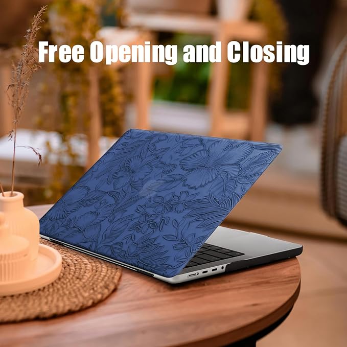 DTangLsm Compatible with MacBook Air 13 inch Case 2022 2021 2020-2018 A2337 M1 A2179 A1932, Elegant Textured Retro Leather Hard Shell Case for MacBook Air M1 Cover + Keyboard Skin,Blue Embossed Floral