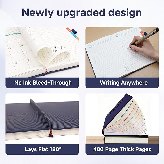 Picoway 2026 Planner A5 400 Pages - Weekly and Monthly Daily Calendar with Thick Paper, One Full Page Per Day Planners from Jan. 2026 - Dec. 2026, Hardcover Notebook ，8.3" x 5.7" (Dark Blue)