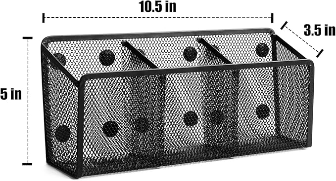 Ameceres Magnetic Pencil Holder - Extra Strong Magnets Mesh Marker Holder Perfect for Whiteboard, Refrigerator and Locker Accessories (3 Baskets, 1 Pack Black)