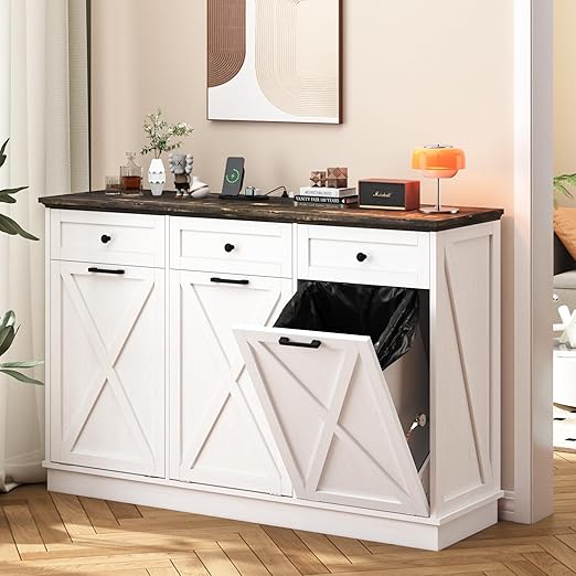 Triple 13 Gallons Tilt Out Trash Cabinet, Farmhouse Garbage Recycling Cabinet with Power Outlets, 3 Drawers, Pet Proof, Freestanding Kitchen Trash Bin Cabinets, White