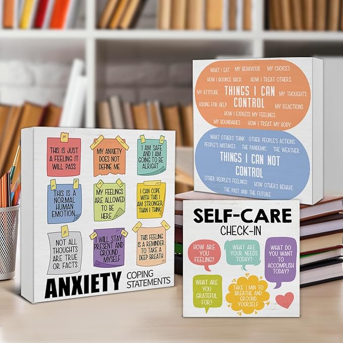 3 Pcs Mental Health Wood Signs Decor Psychology Wood Block Signs Anxiety Coping Statements Things I Can Control Self Care Wooden Box Signs Home Therapy Office Decorations for Tiered Tray Desk Shelf