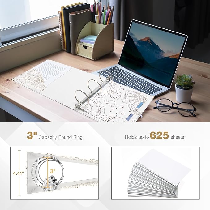 Ospelelf 3 Ring Binder 3 Inch, Cute Binder for Letter Size (11" x 8.5") with 5 Tab Dividers, File Folder Labels and Low Profile Clipboards, Tarot Cards Binder for School Supplies and Office Supplies