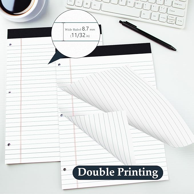 HAUTOCO 12 Pack 8.5 x 11 Legal Pads White Wide Ruled Notepads Perforated Writing Pads, 30 Sheets Per Notepad, 3-Hole Punched Paper, Writing Note Pads for School, Home, Office, Business