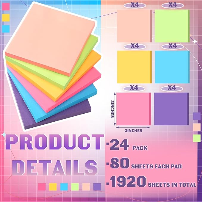 Kajaia 24 Pads Full Adhesive Sticky Notes Colorful Sticky Notes Adhesive Memo Self Stick Pads Easy to Post for Office Home School Meetings Supplies 6 Pastel Colors 80 Sheets/pad(3x3 Inches)