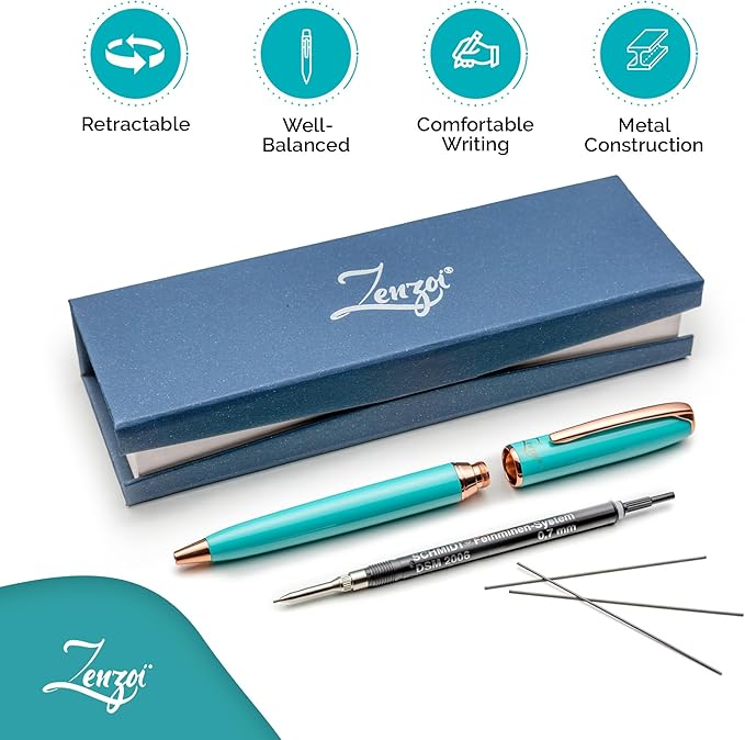ZenZoi Turquoise Mechanical Pencil w/Schmidt 0.7 mm Twist Lead System. Elegant Full Metal Pencil for Sketching, Drawing, Drafting, Writing & Note Taking. Luxury Gift Box for Men or Women