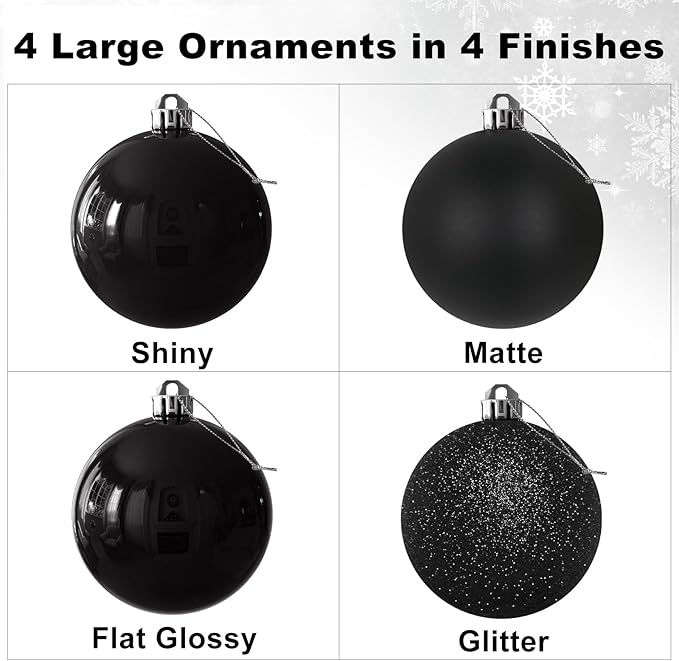 Black 4.0" Large Christmas Balls - Christmas Tree Decoration Ornaments Shatterproof Hanging Balls for Birthday Halloween Holiday Wedding Decorations Set of 4pcs