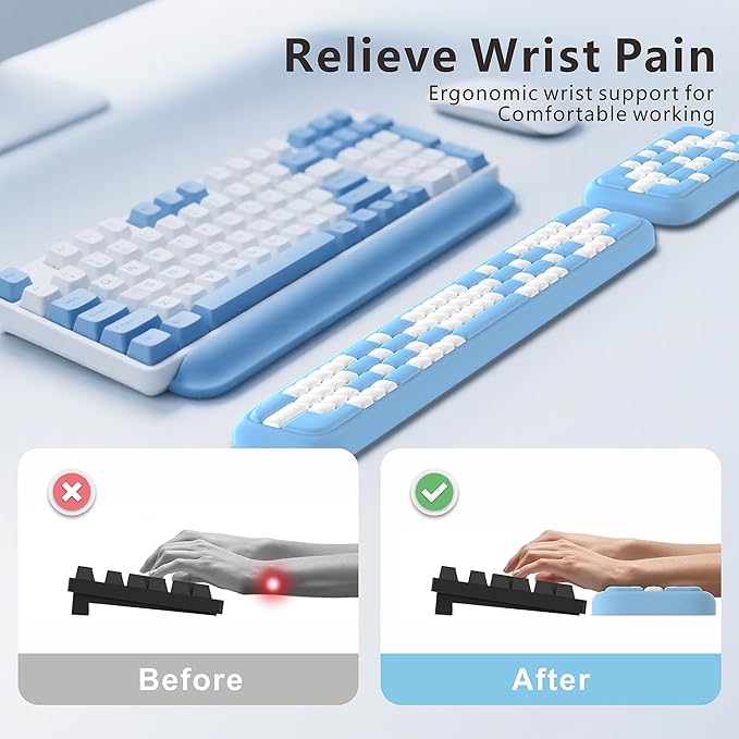 MEKASS Keyboard Wrist Rest, Ergonomic Wrist Pad, Soft Memory Foam Keyboard Hand Rest with Non-Slip Base, Easy Typing, Pain Relief, Comfort Support for Office Work Gaming Accessories (Blue White)