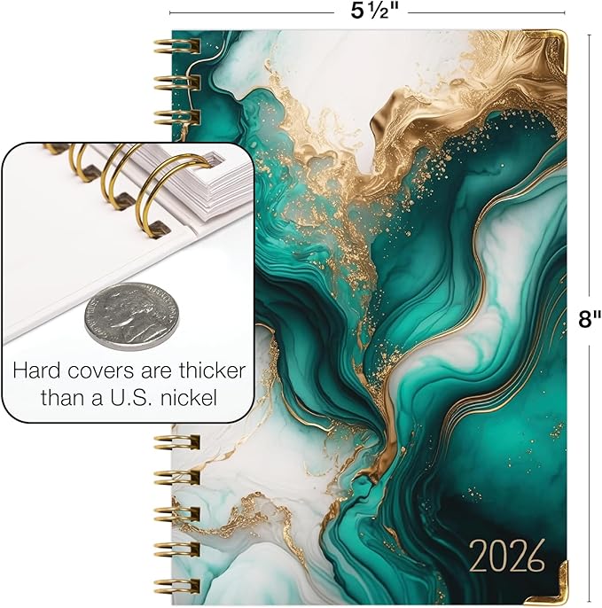 HARDCOVER 2026 Planner, 5.5"x8": 14 Months (November 2025 - December 2026), Daily Weekly Monthly Planner, Yearly Agenda, Bookmark, Pocket Folder and Sticky Note Set (Teal Gold Marble)