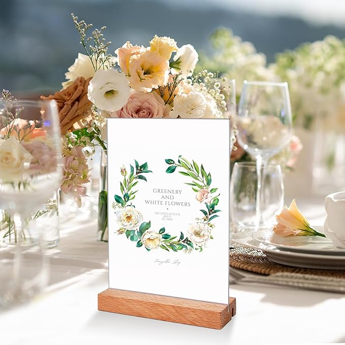 6 Pcs Acrylic Sign Holder 5 x 7 Inch, L Shape Clear Flyer Holder with Wood Base, Clear Stand Menu Table Display Holders Name Card for Office, Restaurant
