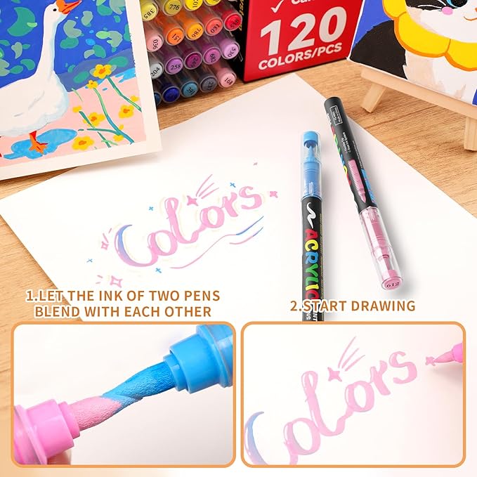 120 Colors Acrylic Paint Markers, Soft Brush Tip Acrylic Markers Set, Paint Pens for Wood, Fabric, Canvas, Glass, Stone, Canvas, Rock Painting and DIY Crafts Art Supplies