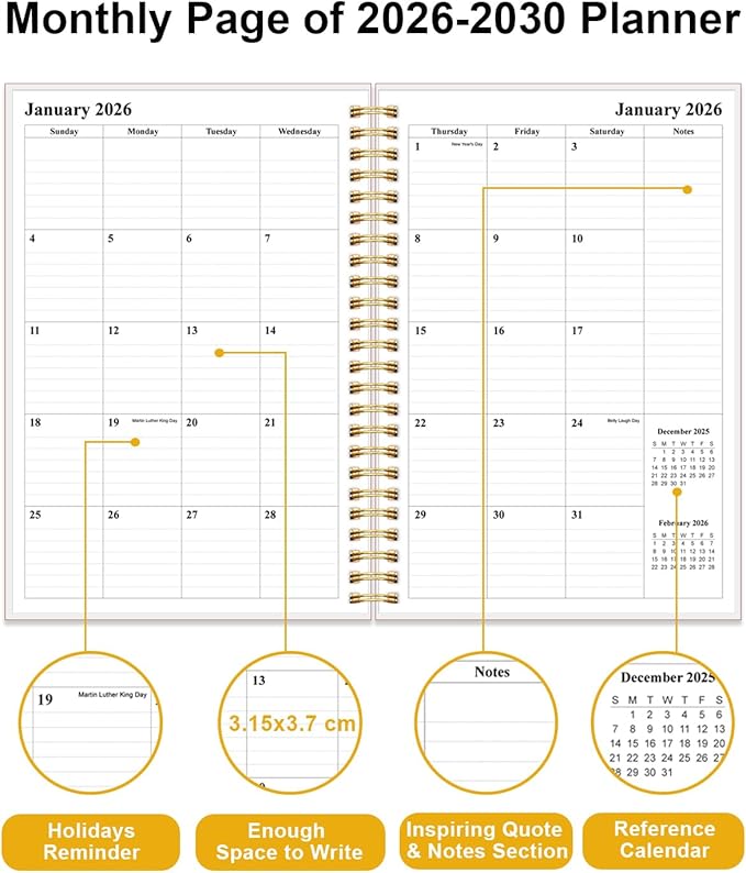 2026-2030 Monthly Planner - 60 Month PLanner Calendar from January 2026 to December 2030, 5 Year Planner 2026-2030 with Flexible Cover, Inner Pocket, Perfect for Home | School | Office, 5.8" x 8.5", Black