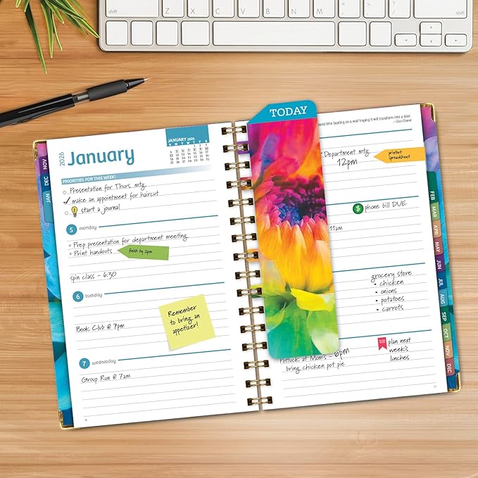 HARDCOVER 2026 Planner, 5.5"x8": 14 Months (November 2025 - December 2026), Daily Weekly Monthly Planner, Yearly Agenda, Bookmark, Pocket Folder and Sticky Note Set (Rainbow Petals)