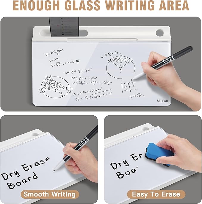 SELEAD Desktop Glass Whiteboard with Storage, Small Dry Erase White Board Computer Pad Keyboard Stand for Home, School, Office Desk Accessories - White