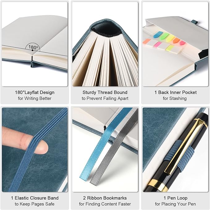 College Ruled Notebook, Large A4 Hardcover Leather Journal, 312 Numbered Pages Writing Journal, 100gsm No Bleed Paper, Lined Journal Notebook for Women Men School Office, 8.5''×11'', Grey Blue