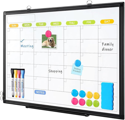 Dry Erase Calendar Whiteboard for Wall, WALGLASS 24" x 18" Magnetic White Board, Monthly Dry Erase Calendar with Black Aluminum Frame, Double-Sided Hanging Portable Board for Office, Home, School