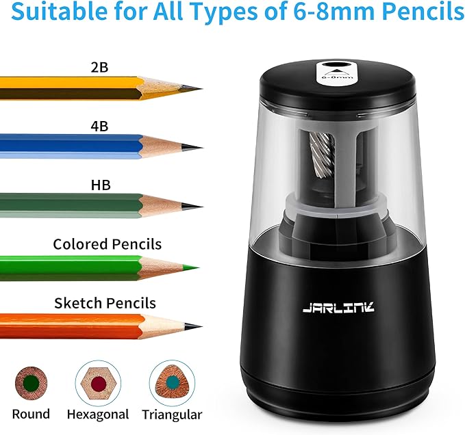 JARLINK Electric Pencil Sharpener, Heavy-Duty Helical Blade to Fast Sharpen, Auto Stop for No.2/Colored Pencils(6-8mm), AC Adapter/Battery Operated in School Classroom/Office/Home (Black)