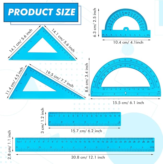 Tenare 6 Pcs Plastic Ruler Math Set Includes 12 Inch 6 Inch Straight Protractor Triangle Geometry Transparent Math Ruler Measuring Tools for School Office Home(Blue)