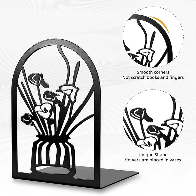 3 Pairs Metal Book Ends, Flower Bookends for Shelves Decorative, Book Stopper for Heavy Books, Ends to Hold Books for Home Office