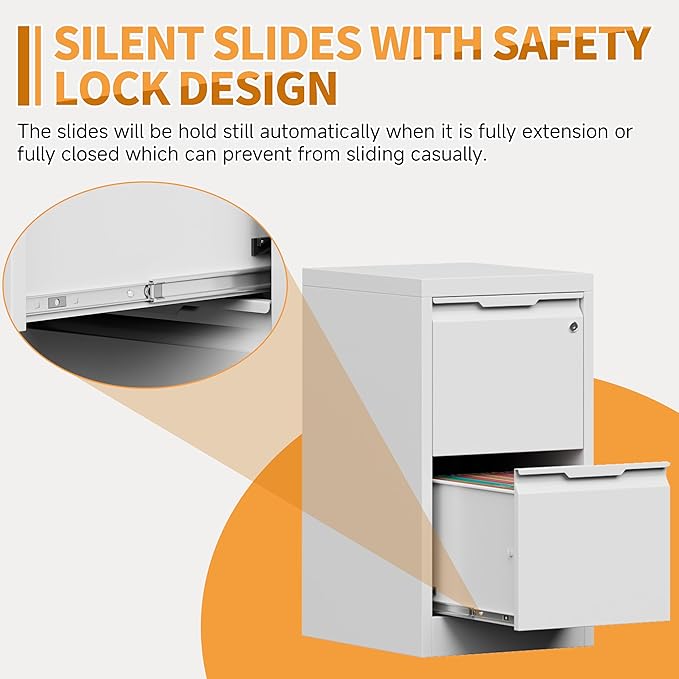 2-Drawer Metal File Cabinet with 1 Lockable Drawer,Steel Printer Stand with Storage for Home Office,Vertical Filing Cabinet for Legal/Letter/A4 Files,Assembly Required(15''W-2 Drawers,White)