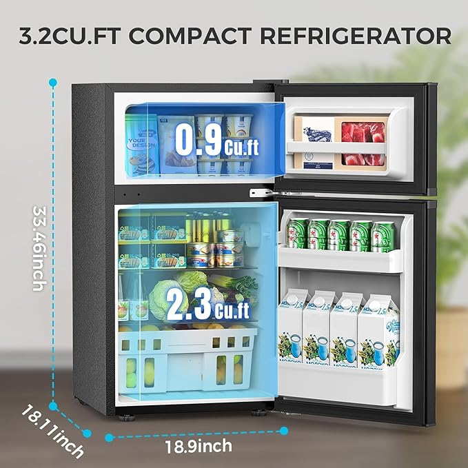COWSAR 3.2 Cu.Ft Fridge with Freezer, Compact Refrigerator with 2 Doors for Bedroom/Dorm/Office/Apartment/Commercial, Adjustable Thermostat, Energy-efficient, Low Noise