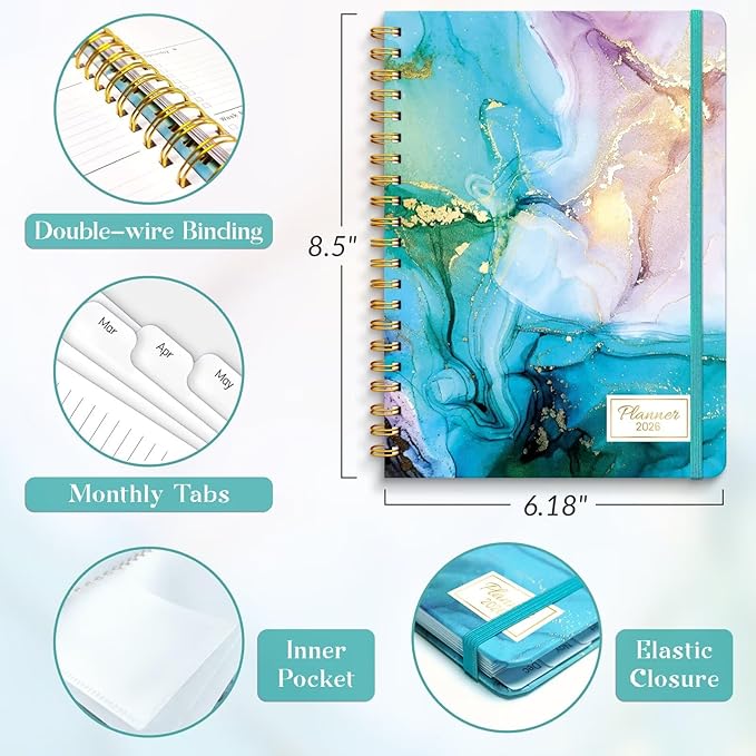 2026 Planner, A5 Weekly and Monthly Planners with Tabs, Spiral Bound Daily Calendar 2026 Planner, Agenda Organizers from Jan. to Dec., Hardcover Habit Tracker Journal 6.18" x 8.5"(Cyan Marble)