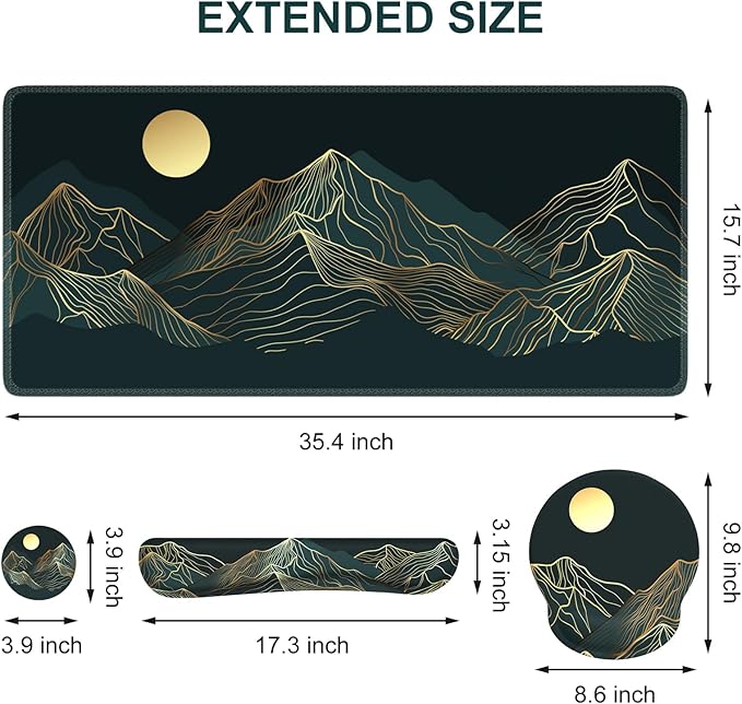 iCasso Large Mouse Pad, 4in1 XXL Mousepad + Keyboard Wrist Rest+Mouse Wrist Rest+Coaster Set with Ergonomic Design for Computer(Cyan-Mountain)