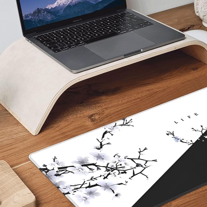 Japanese Life Death Keyboard Mat, Black White Japanese Anime Gaming Mouse Pad for Desk with Anti-Slip Rubber Base and Stitched Edges, Japanese Sakura Pagoda Sun Mouse Pad