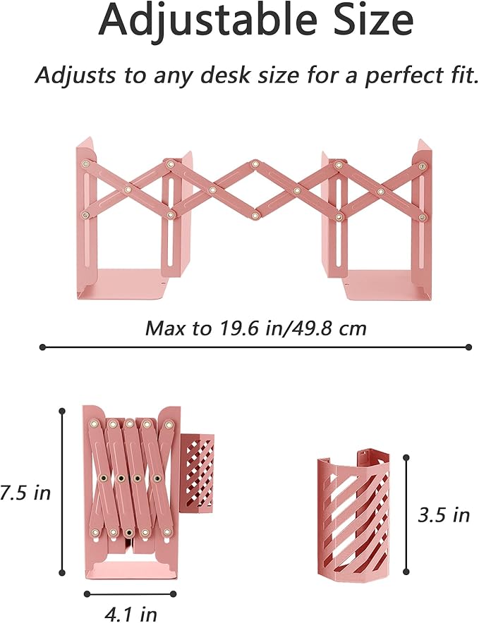 Kingsmile Book Ends, Adjustable Bookends for Shelves, Metal Bookends for Heavy Books, Book Stopper Organzier with Pen Holder for Desk, Kids Room, Office, Classroom, Library, Study Room.(Pink)
