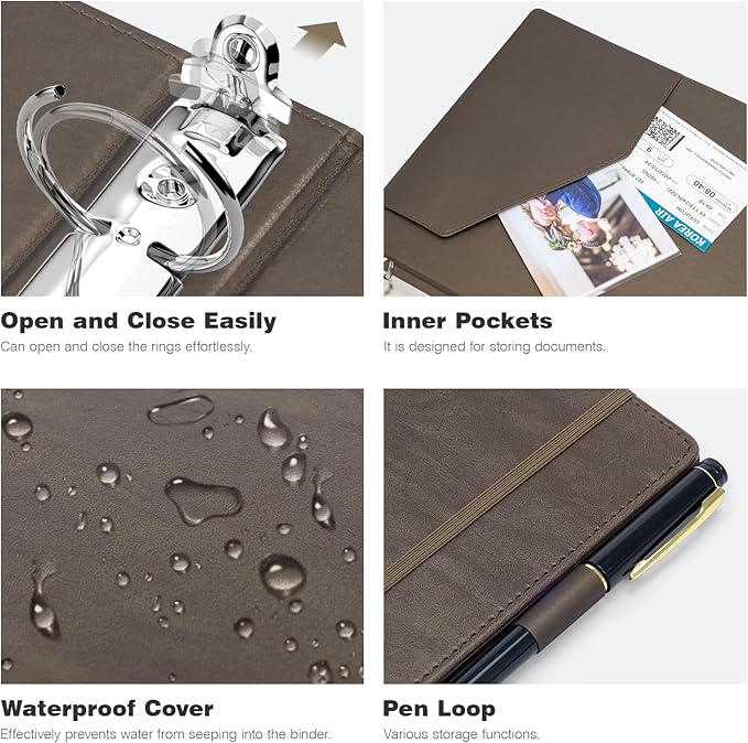 Ospelelf 1 Inch 3 Ring Binder Vintage Hardcover, Leather Clipboard Organizer for Letter Size, Professional Binder with Dividers and Tabs, Brown