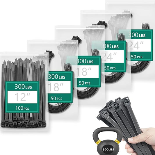 Zip Ties Assorted Sizes 300 Pack,12+14+18 Inch, 300LBS Tensile Strength Heavy Duty Self-locking Nylon Black Cable ties for Indoor Outdoor