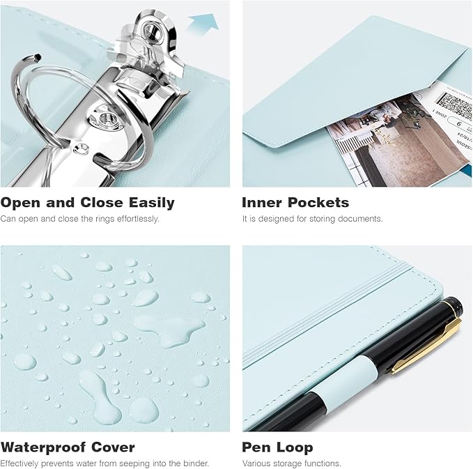 Ospelelf 3 Ring Binder 1 Inch Vintage Hardcover, Leather Organizer for Letter Size, Professional Clipboard with Dividers and Tabs, Blue