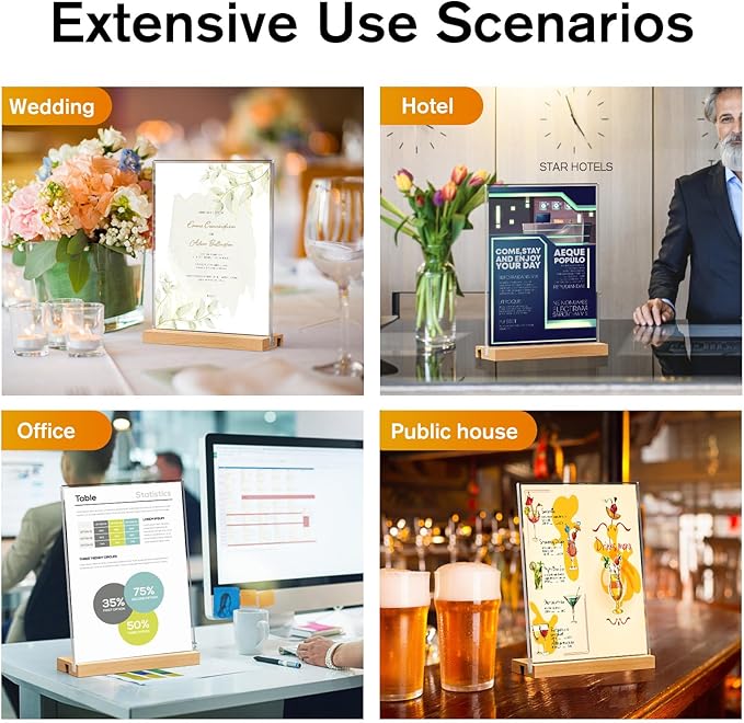 MaxGear L/T Shape Acrylic Sign Holder, 8.5 X 11 Clear Table Display Stand with Wooden Base, Flyer Menu Holder Photo Frames Paper Stand for Office, Wedding, Restaurants, Hotels 3 Pack