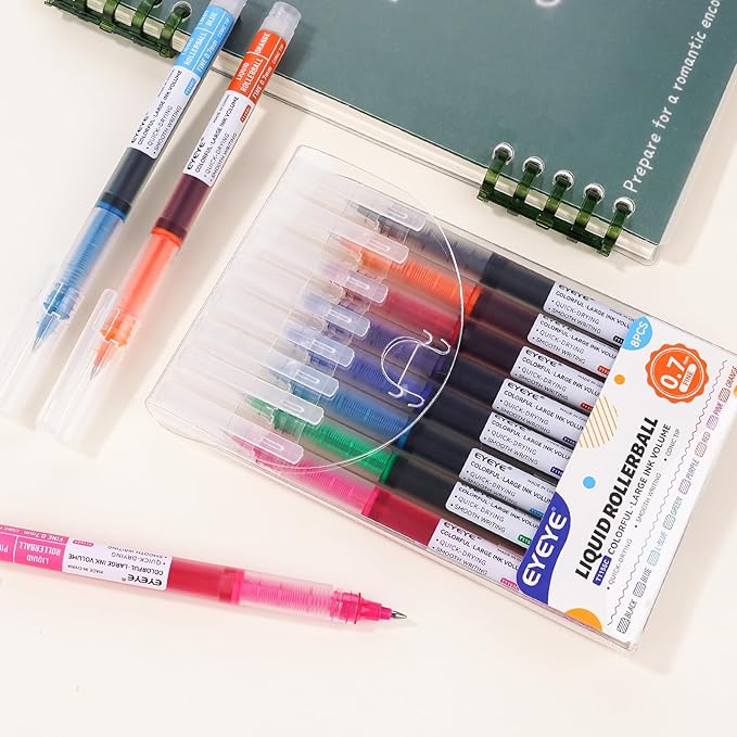 EYEYE 0.7mm Rollerball Pens Multicolor, 8 Assorted Colors Medium Point Quick Dry Liquid Ink Pen Fine Point Smooth Writing Pens for Journaling, Note Taking, Office, School, Doodling & Gifts