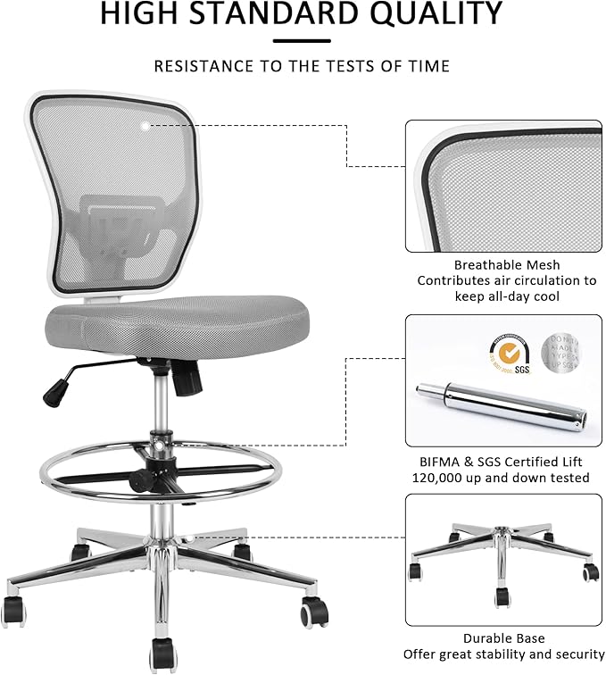 Drafting Chair, Tall Office Chair for Standing Desk, Drafting Stool with Lumbar Support, Adjustable Height and Foot Ring, Grey